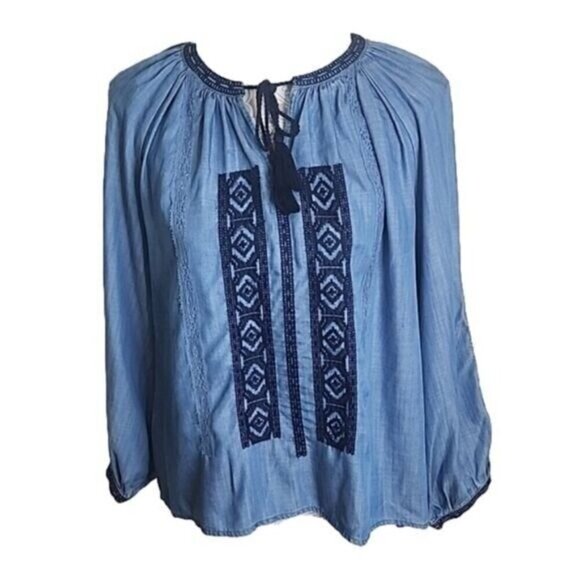 Crown & Ivy Top Lyocell Long Sleeve Boho Blue Embroidery Lace Women's Small - Picture 1 of 6